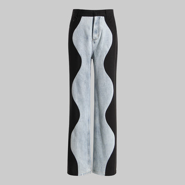 Black Blue Wave Stitch Jeans – Women’s Wide-Leg Denim Pants